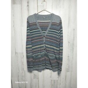 Eddie Bauer Cardigan Women L Multicolor Striped Cotton Lightweight Earthy Art
